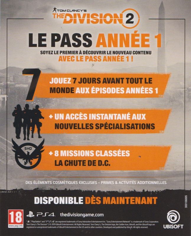 Advertisement for Tom Clancy's The Division 2 (Washington D.C. Edition) (PlayStation 4): Year 1 Pass (French)