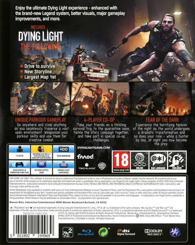 Back Cover for Dying Light: The Following - Enhanced Edition (PlayStation 4)