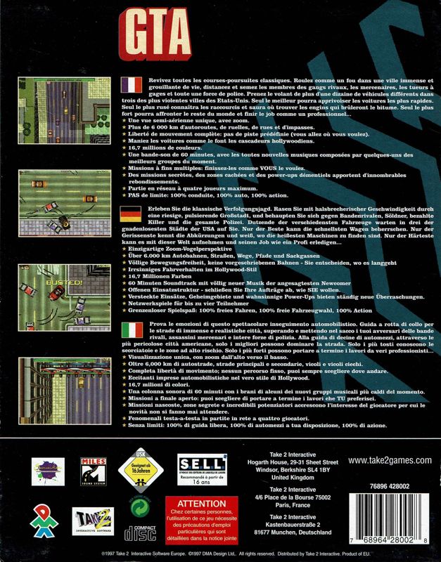 Back Cover for Grand Theft Auto (DOS and Windows) (Take 2 release (alternative disc))