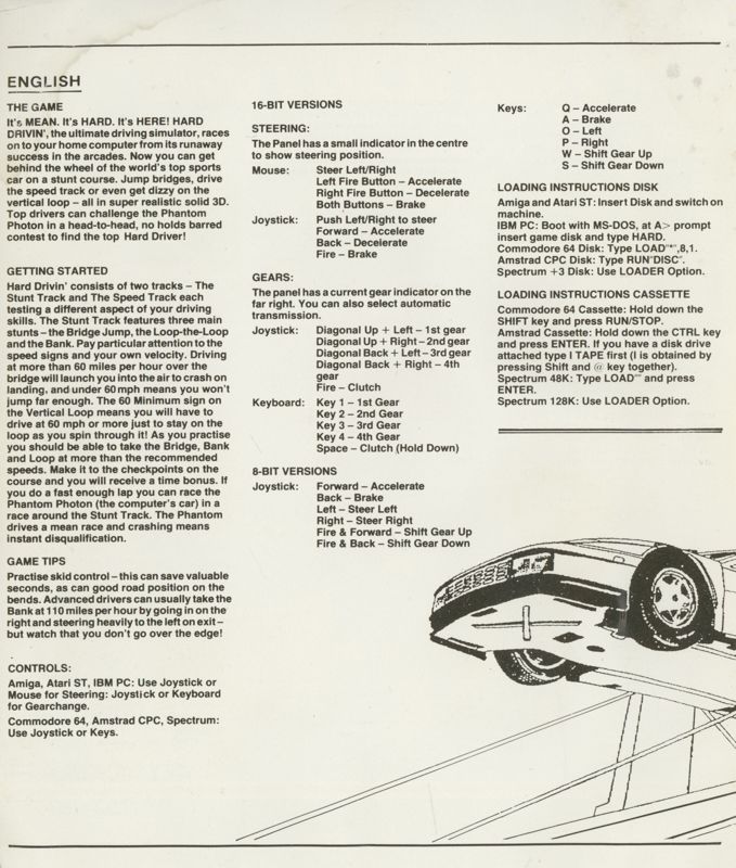 Inside Cover for Hard Drivin' (ZX Spectrum) (Spectrum +3 floppy release)