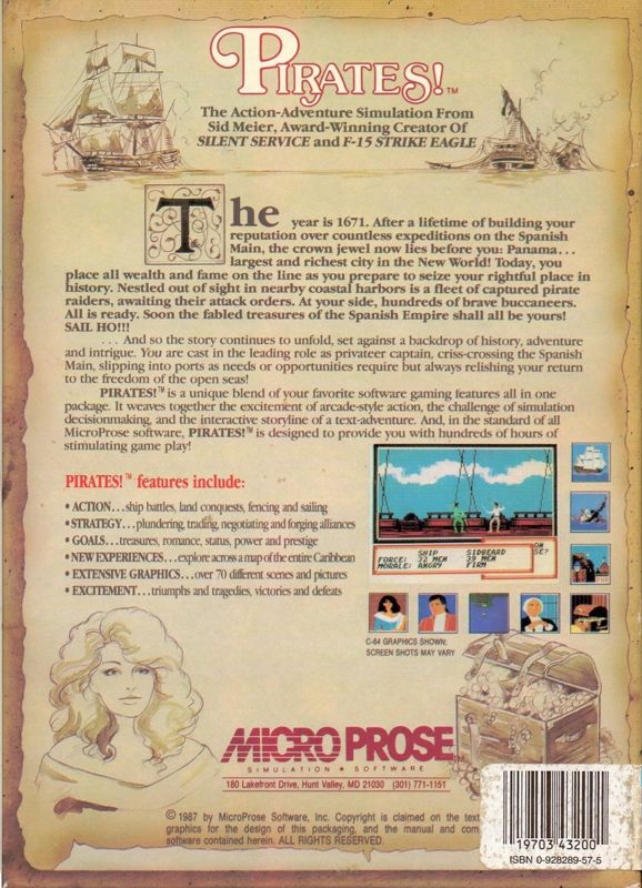 Back Cover for Sid Meier's Pirates! (PC Booter) (5.25" version)