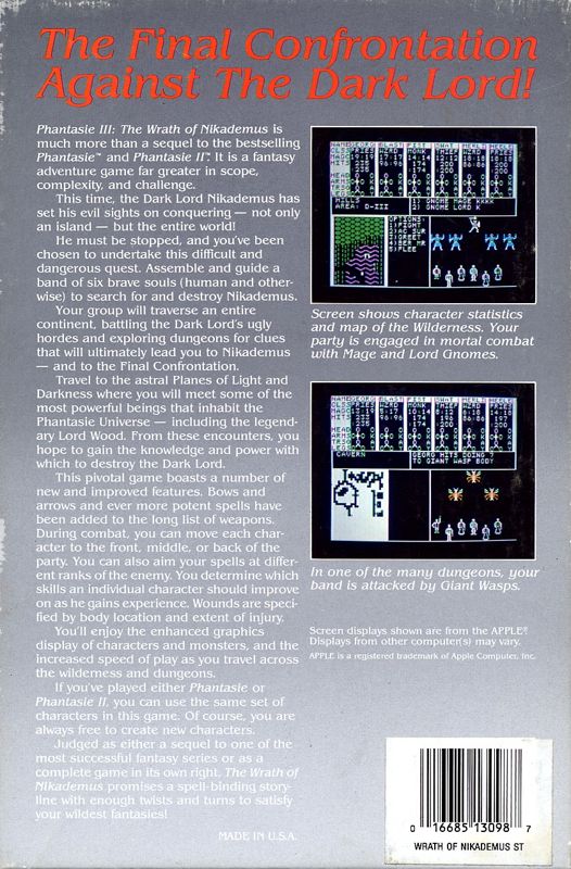 Back Cover for Phantasie III: The Wrath of Nikademus (Atari ST)