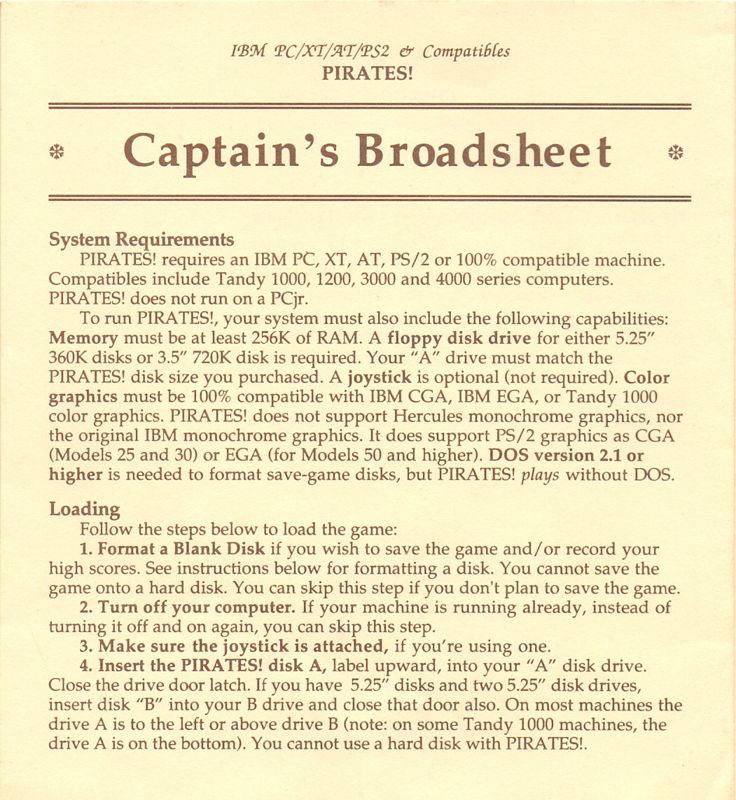 Reference Card for Sid Meier's Pirates! (PC Booter) (5.25" version)