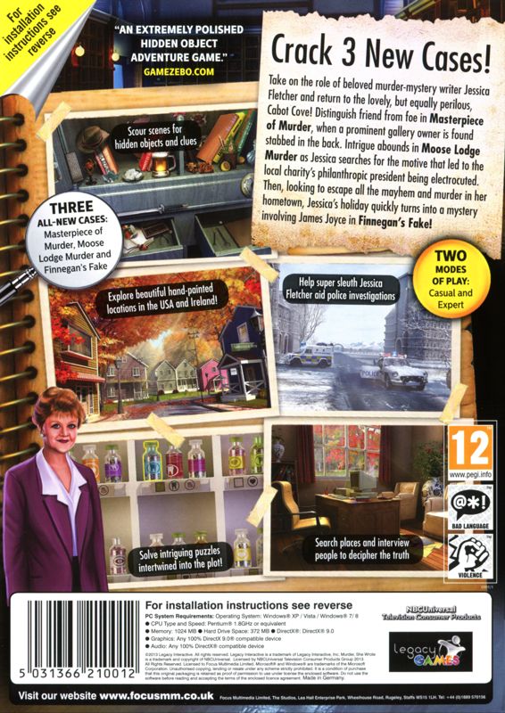 Back Cover for Murder, She Wrote 2: Return to Cabot Cove (Windows)