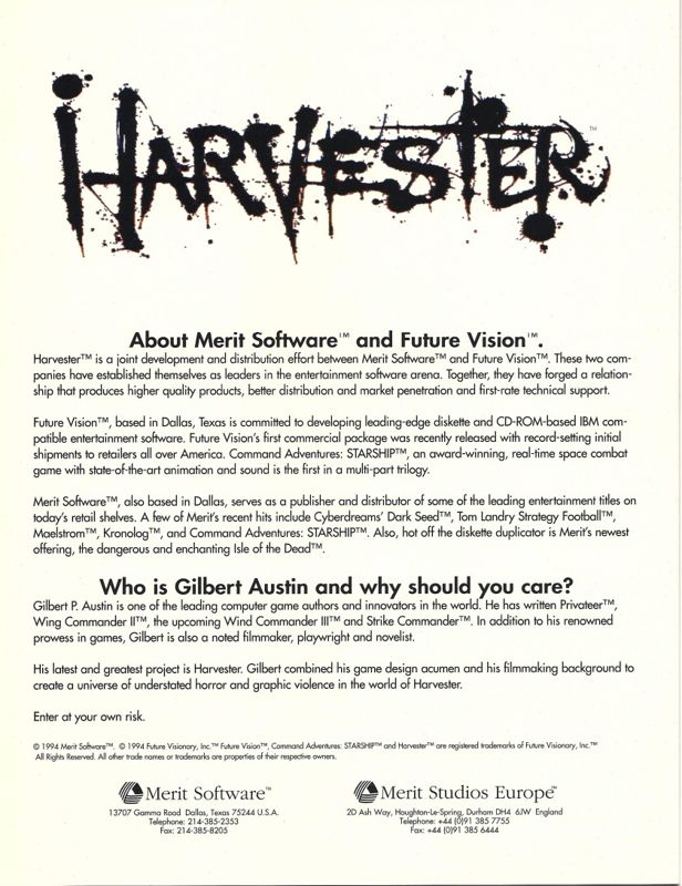 Extras for Harvester (Macintosh and Windows) (GOG.com release): Brochure (US) - Back