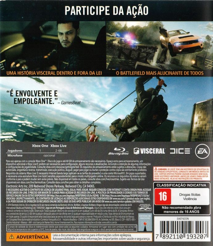Back Cover for Battlefield: Hardline (Xbox One)
