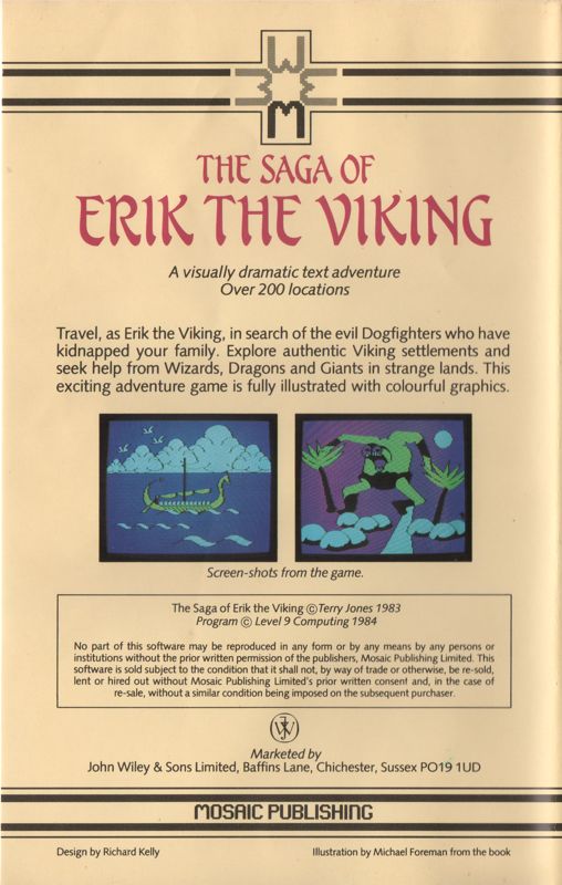 Back Cover for The Saga of Erik the Viking (Commodore 64) (VHS Box)