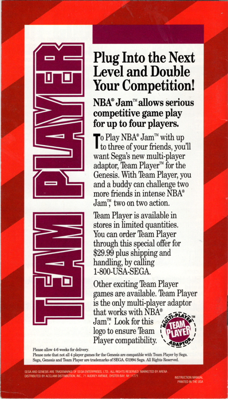 Manual for NBA Jam (Genesis): Back