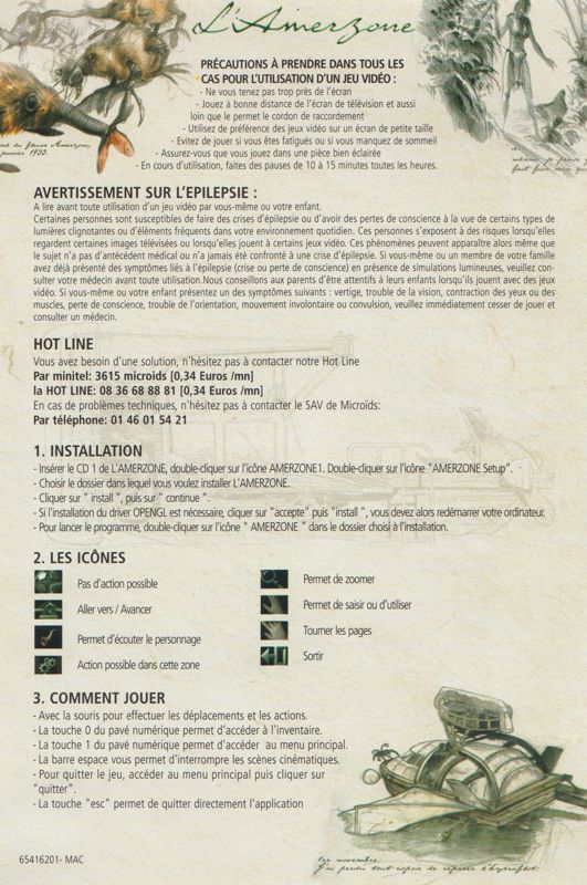 Reference Card for Amerzone: The Explorer's Legacy (Macintosh): Front