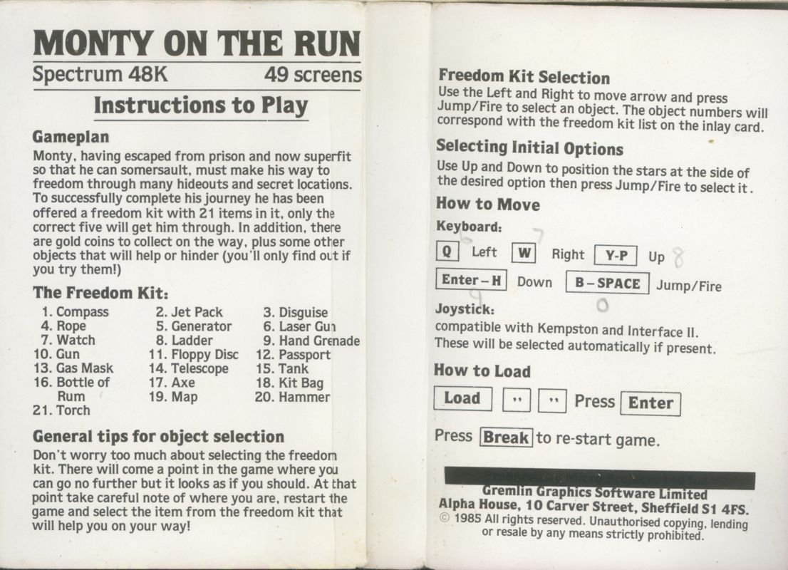 Inside Cover for Monty on the Run (ZX Spectrum)