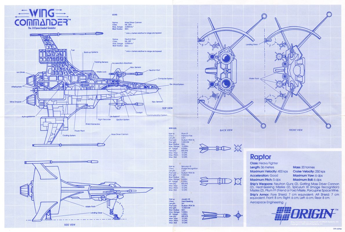 Extras for Wing Commander: Deluxe Edition (DOS): Raptor blueprint