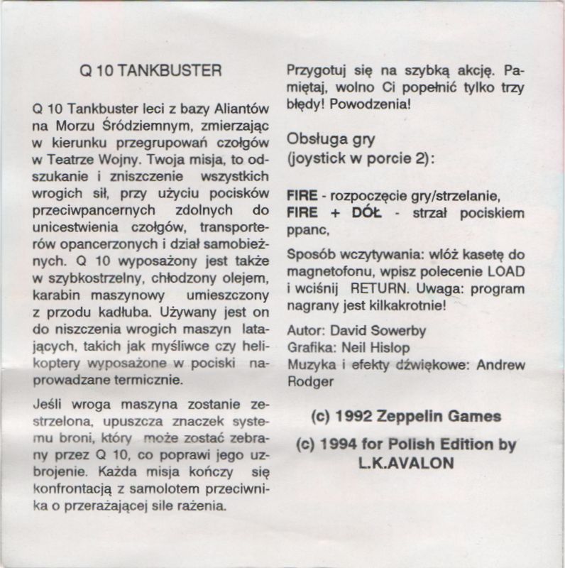 Inside Cover for Q10 Tankbuster (Commodore 64)