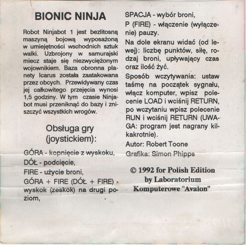 Inside Cover for Bionic Ninja (Commodore 64)