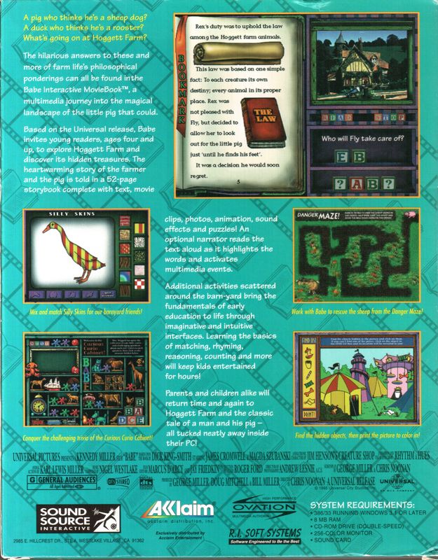 Back Cover for Babe: A Little Pig Goes a Long Way - Interactive MovieBook (Windows 3.x)