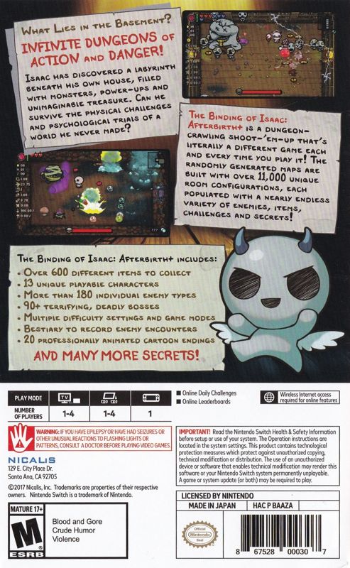 Inside Cover for The Binding of Isaac: Afterbirth+ (Nintendo Switch) (Launch Edition): Back