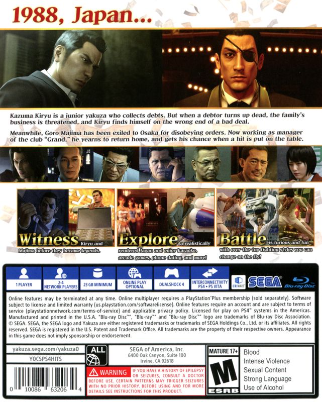 Back Cover for Yakuza 0 (PlayStation 4) (PlayStation Hits release)