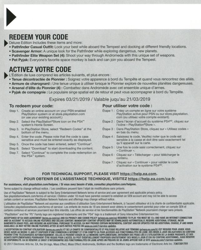 Other for Mass Effect: Andromeda (Deluxe Edition) (PlayStation 4): DLC Code - Back