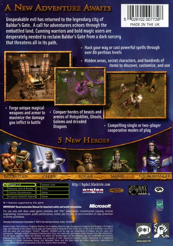 Back Cover for Baldur's Gate: Dark Alliance II (Xbox)