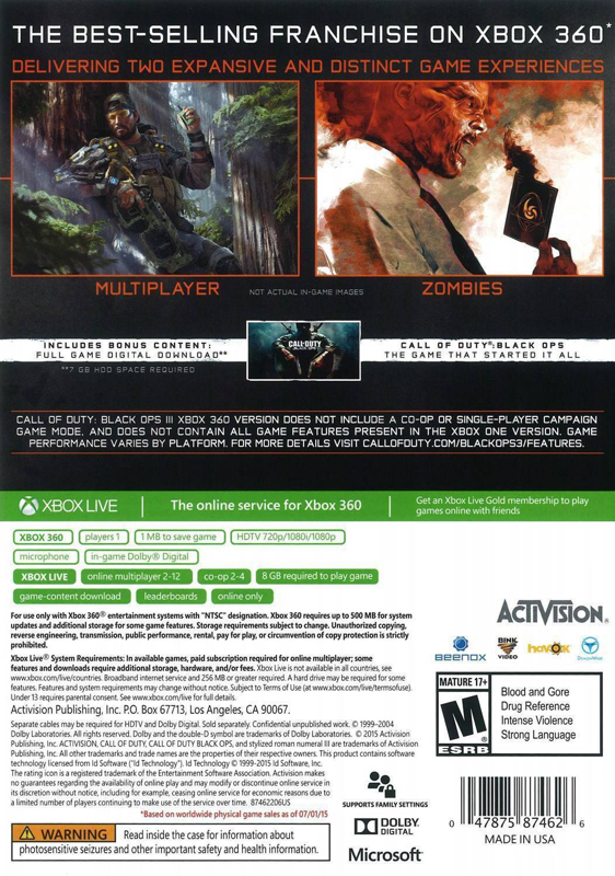 Back Cover for Call of Duty: Black Ops III (Xbox 360)