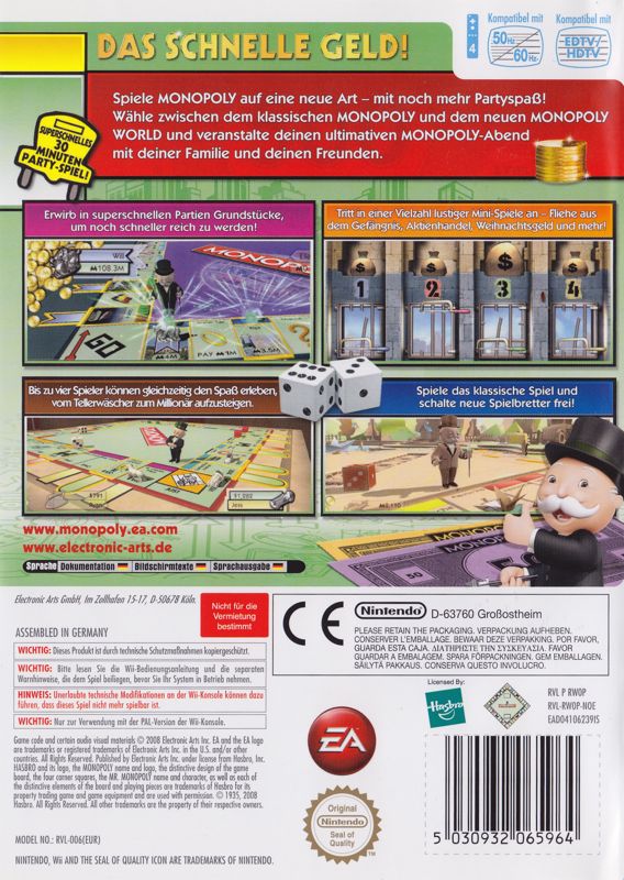 Back Cover for Monopoly featuring Classic & World Edition Boards (Wii)