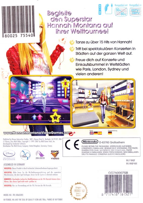 Back Cover for Hannah Montana: Spotlight World Tour (Wii)