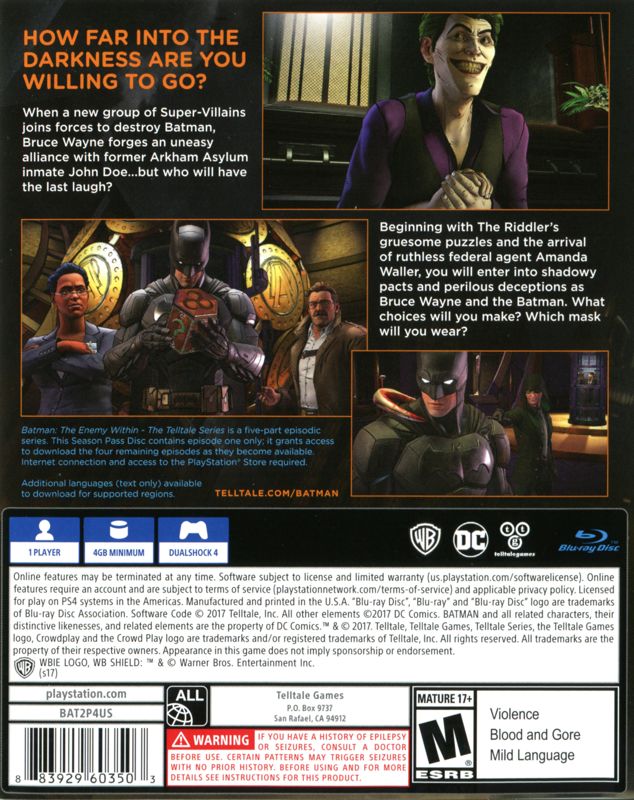 Back Cover for Batman: The Telltale Series - The Enemy Within (PlayStation 4)