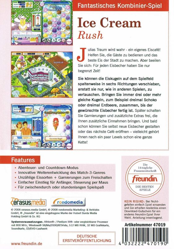 Back Cover for Cindy's Sundaes (Windows) (Freundin release)
