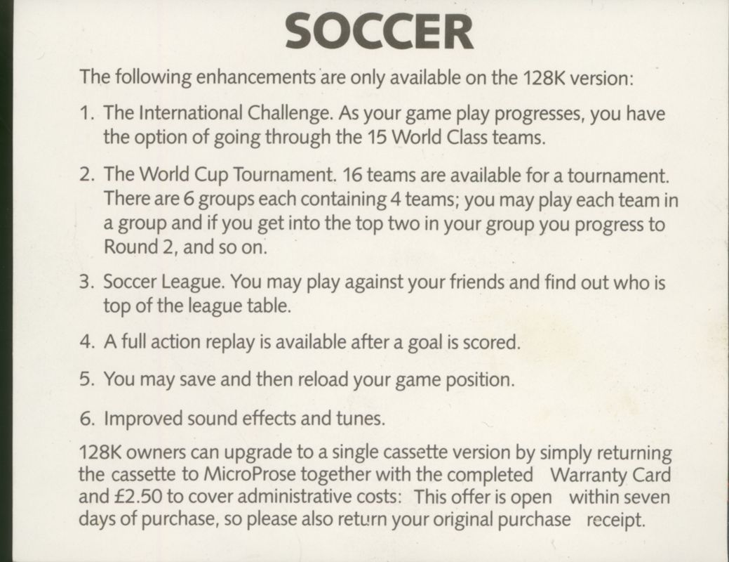 Extras for Keith Van Eron's Pro Soccer (ZX Spectrum) (128K Upgraded version): 128K upgrades