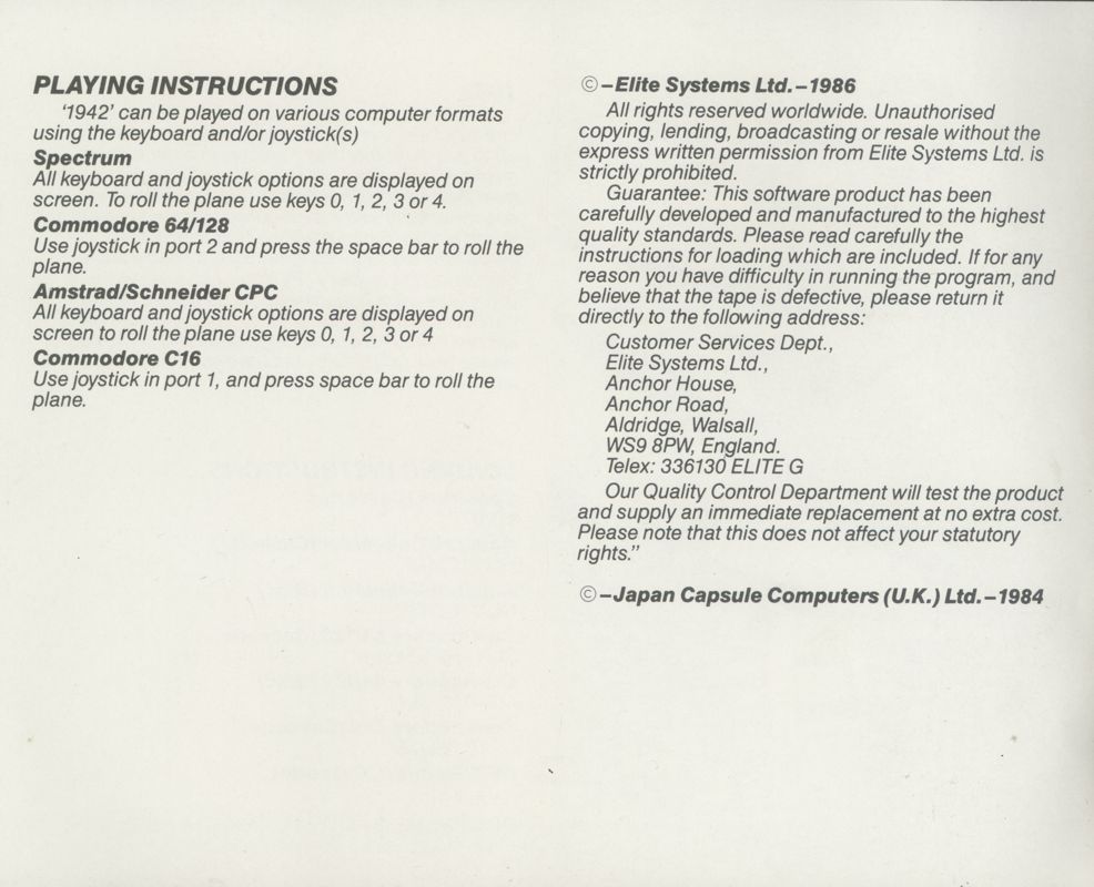 Manual for 1942 (ZX Spectrum): Back