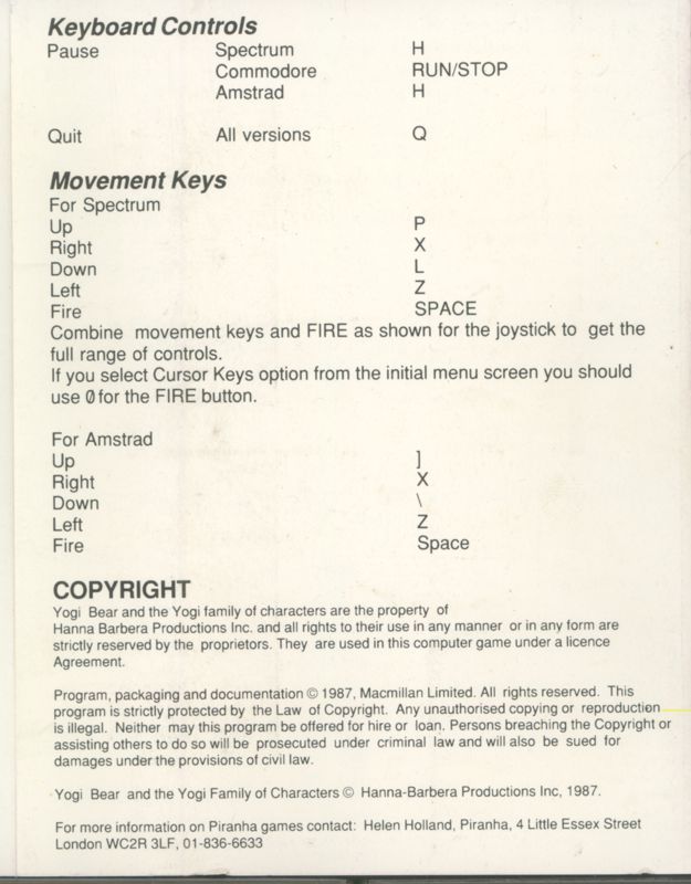 Inside Cover for Yogi Bear (ZX Spectrum)