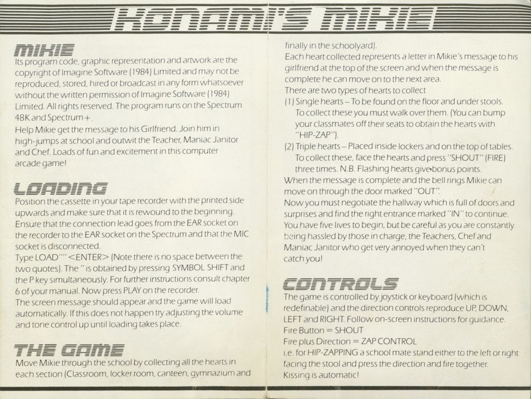 Manual for Mikie (ZX Spectrum)