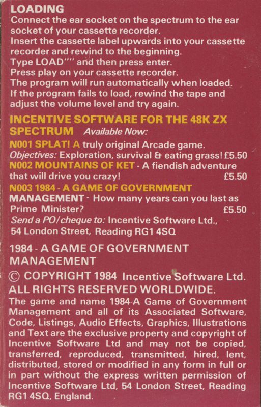 Inside Cover for 1984: A Game of Government Management (ZX Spectrum)
