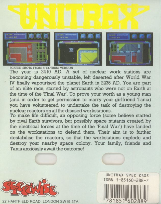Back Cover for Unitrax (ZX Spectrum)
