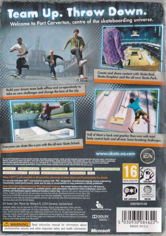 Back Cover for skate 3 (Xbox 360)