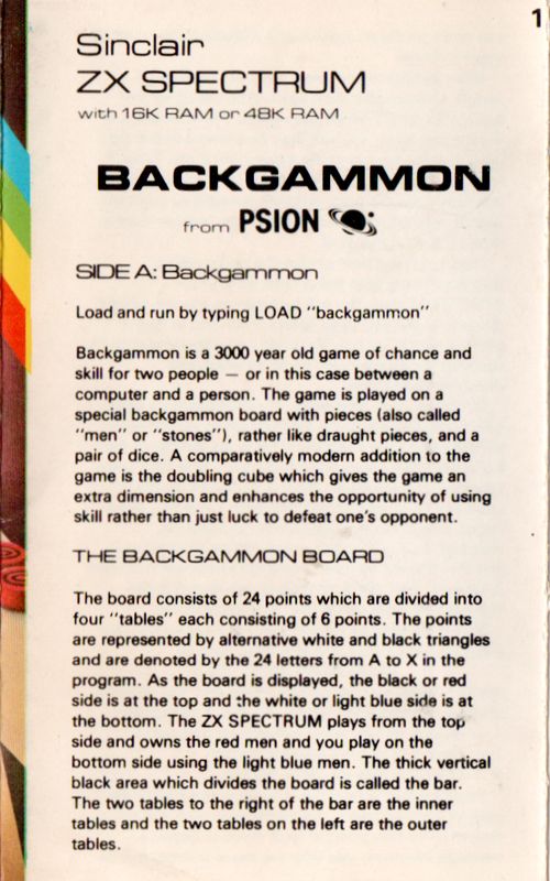 Inside Cover for Backgammon (ZX Spectrum)