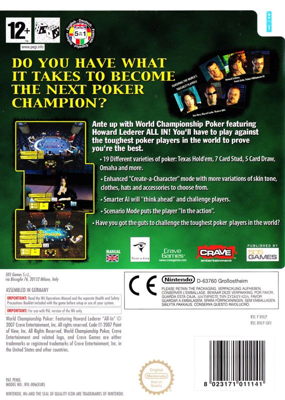 Back Cover for World Championship Poker featuring Howard Lederer: All In (Wii)