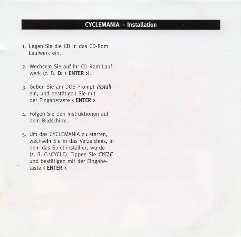 Inside Cover for Cyclemania (DOS) (Green Pepper release (#5))