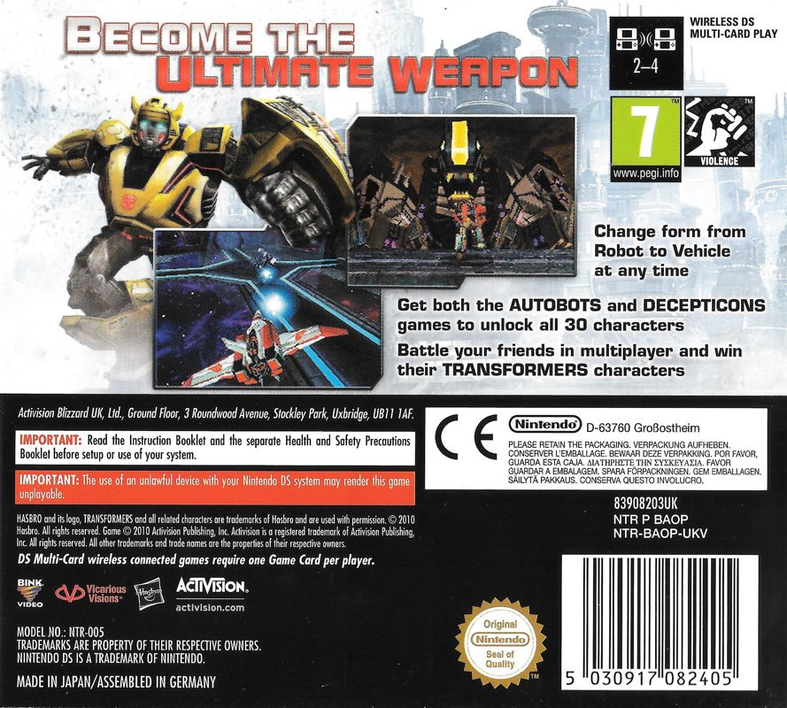 Back Cover for Transformers: War for Cybertron - Autobots (Nintendo DS)