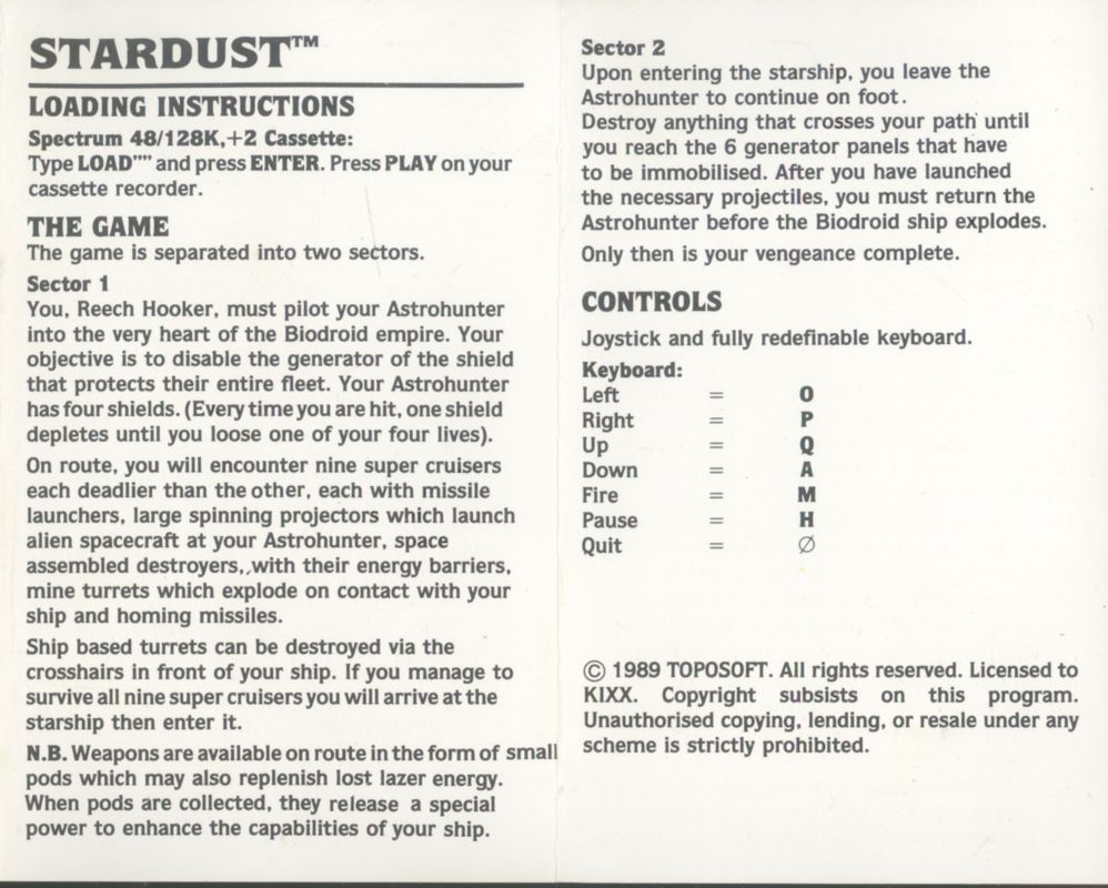 Inside Cover for Star Dust (ZX Spectrum)