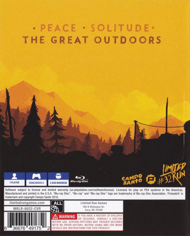 Back Cover for Firewatch (PlayStation 4) (Limited Run Games release #32)