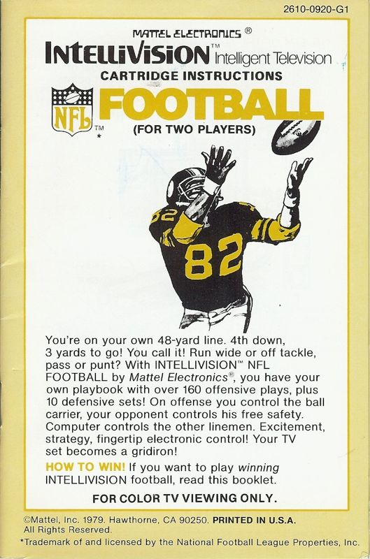 Manual for NFL Football (Intellivision): Gameplay instruction manual