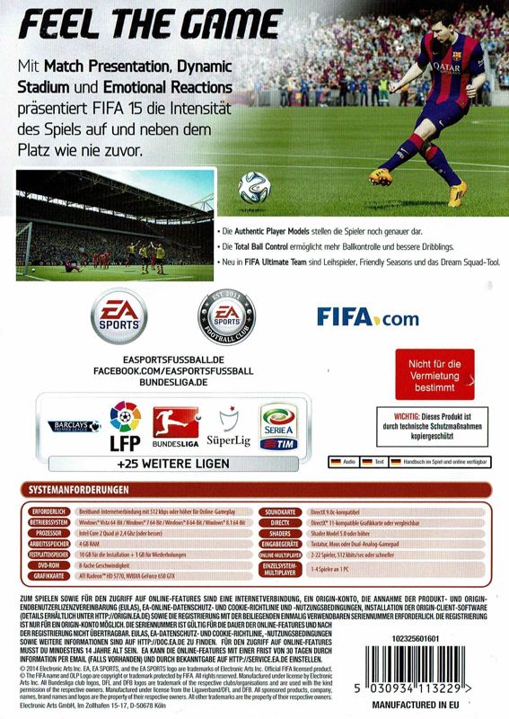 Back Cover for FIFA 15 (Windows)