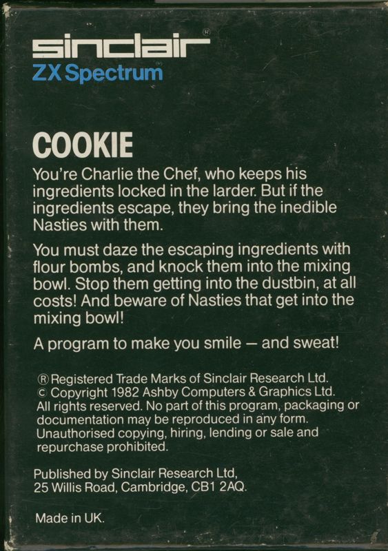 Back Cover for Cookie (ZX Spectrum) (Sinclair Interface-II ROM release)
