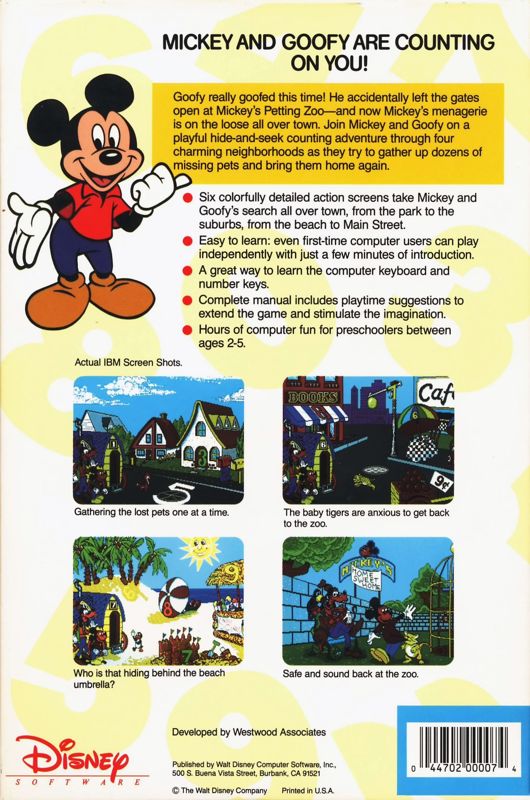 Back Cover for Mickey's Runaway Zoo (DOS)