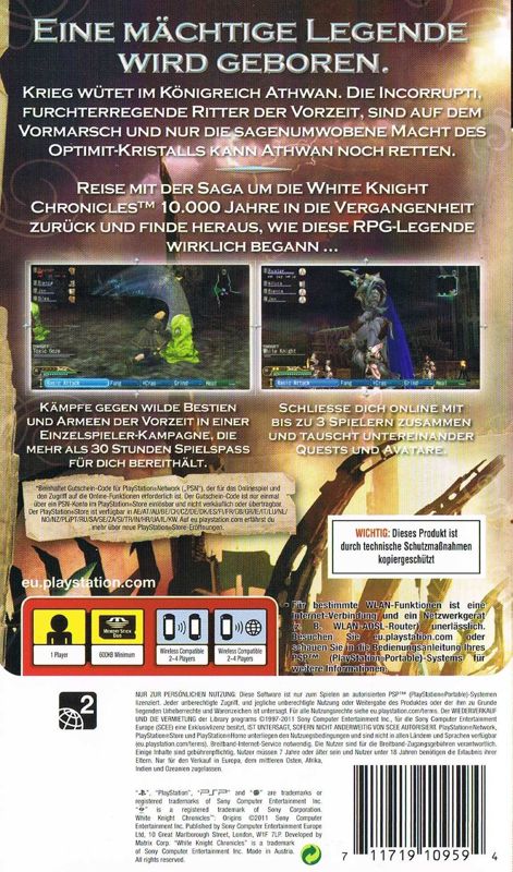Back Cover for White Knight Chronicles: Origins (PSP)