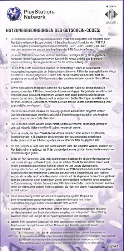 Extras for White Knight Chronicles: Origins (PSP): Voucher - Back