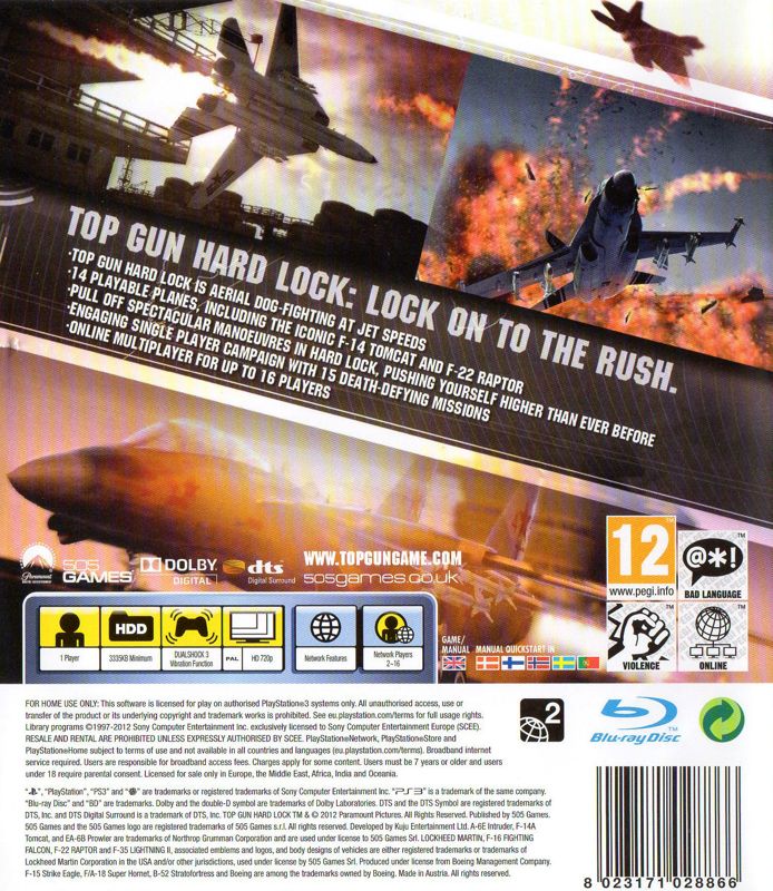 Back Cover for Top Gun: Hard Lock (PlayStation 3)