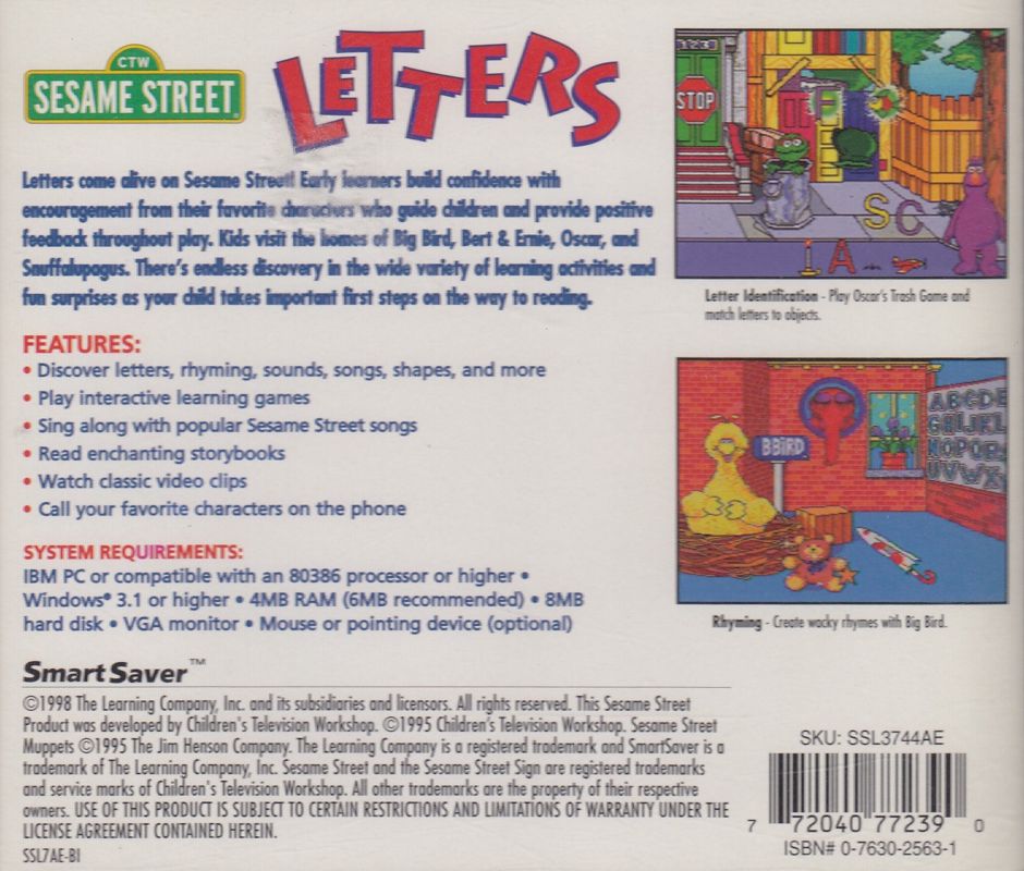 Back Cover for Sesame Street: Letters (Windows and Windows 3.x) (1998 SmartSaver Release)