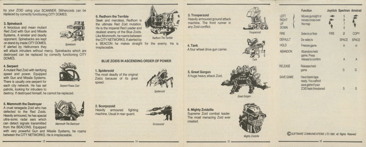 Inside Cover for Zoids (ZX Spectrum)