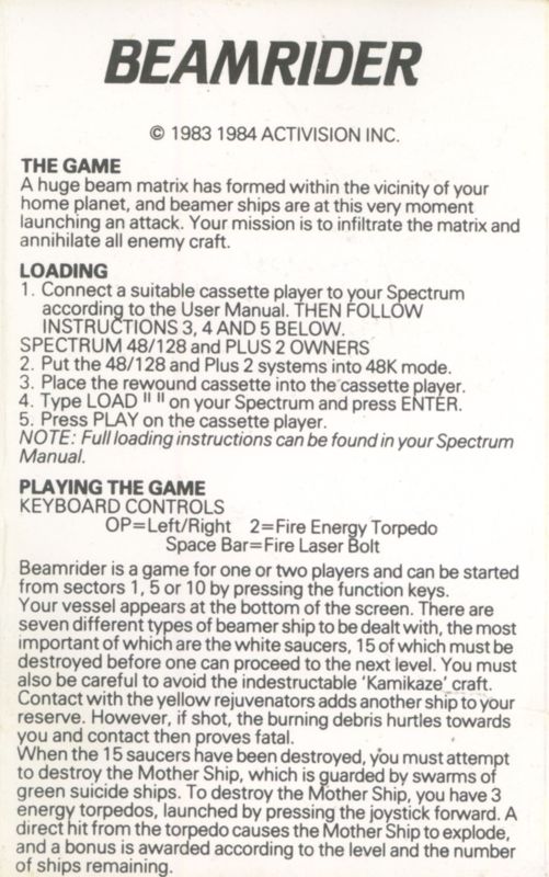 Inside Cover for Beamrider (ZX Spectrum)